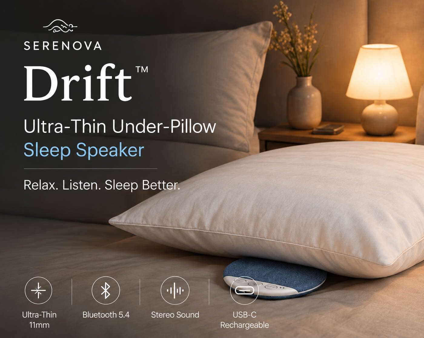 Serenova Drift - Ultra-Thin Under-Pillow Bluetooth Speaker